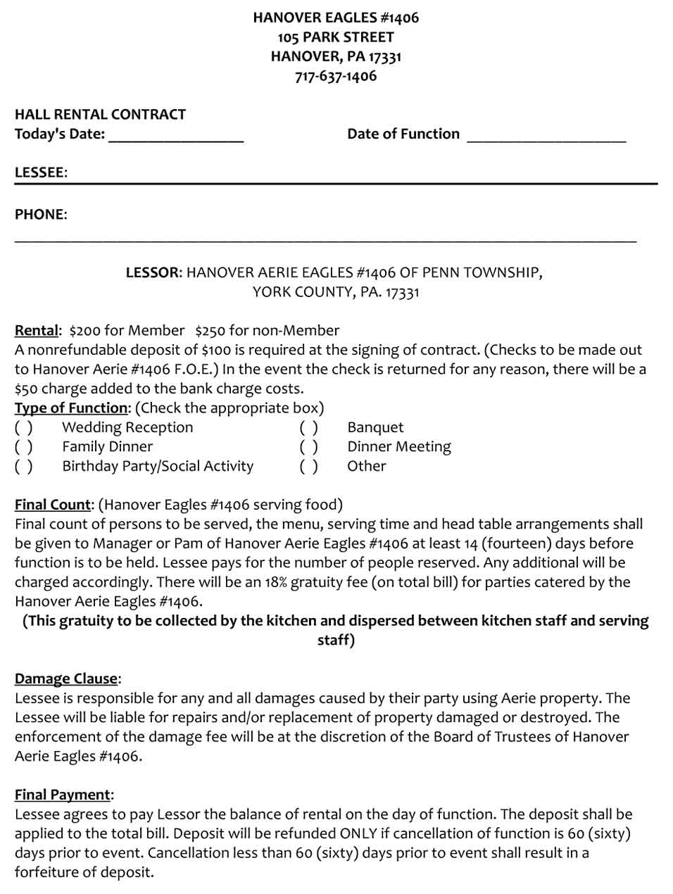 Hanover Eagles Hall Rental Contract-Page 1