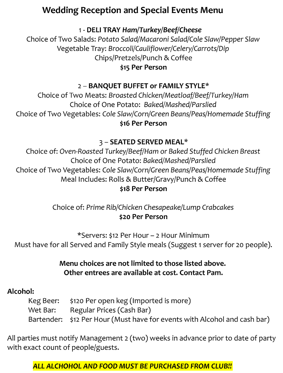 Wedding Reception Menu